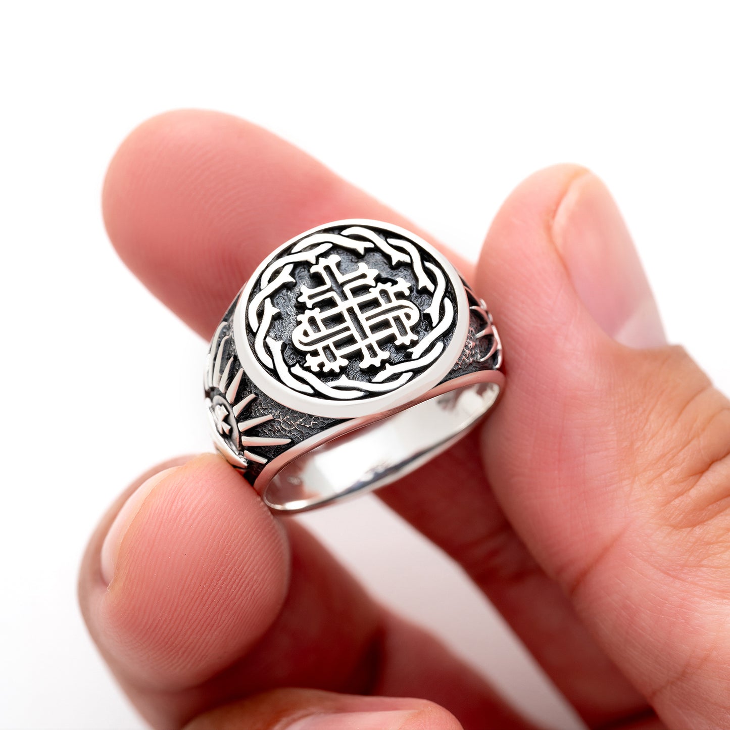 925 Sterling Silver IHS Ring with The Holy Grail