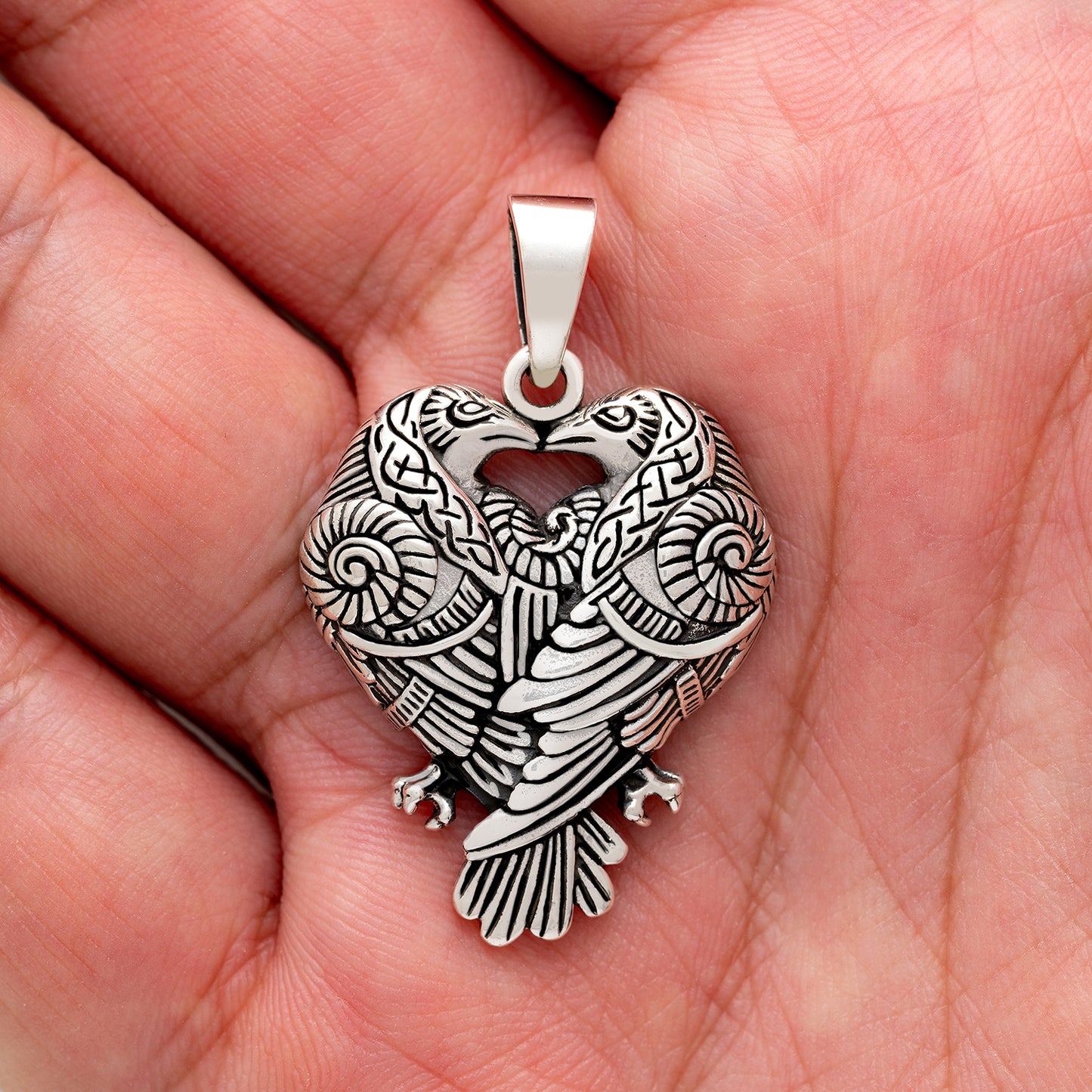 925 Sterling Silver Huginn and Muninn Raven Pendant