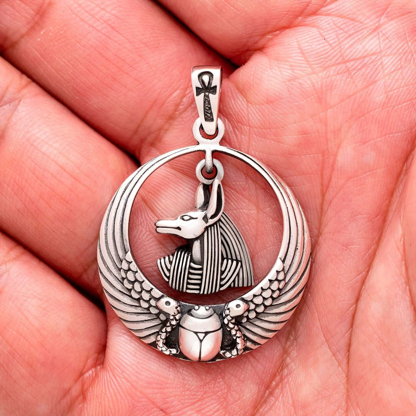 925 Sterling Silver Egyptian God Anubis Pendant with Ankh and Scarab - SilverMania925