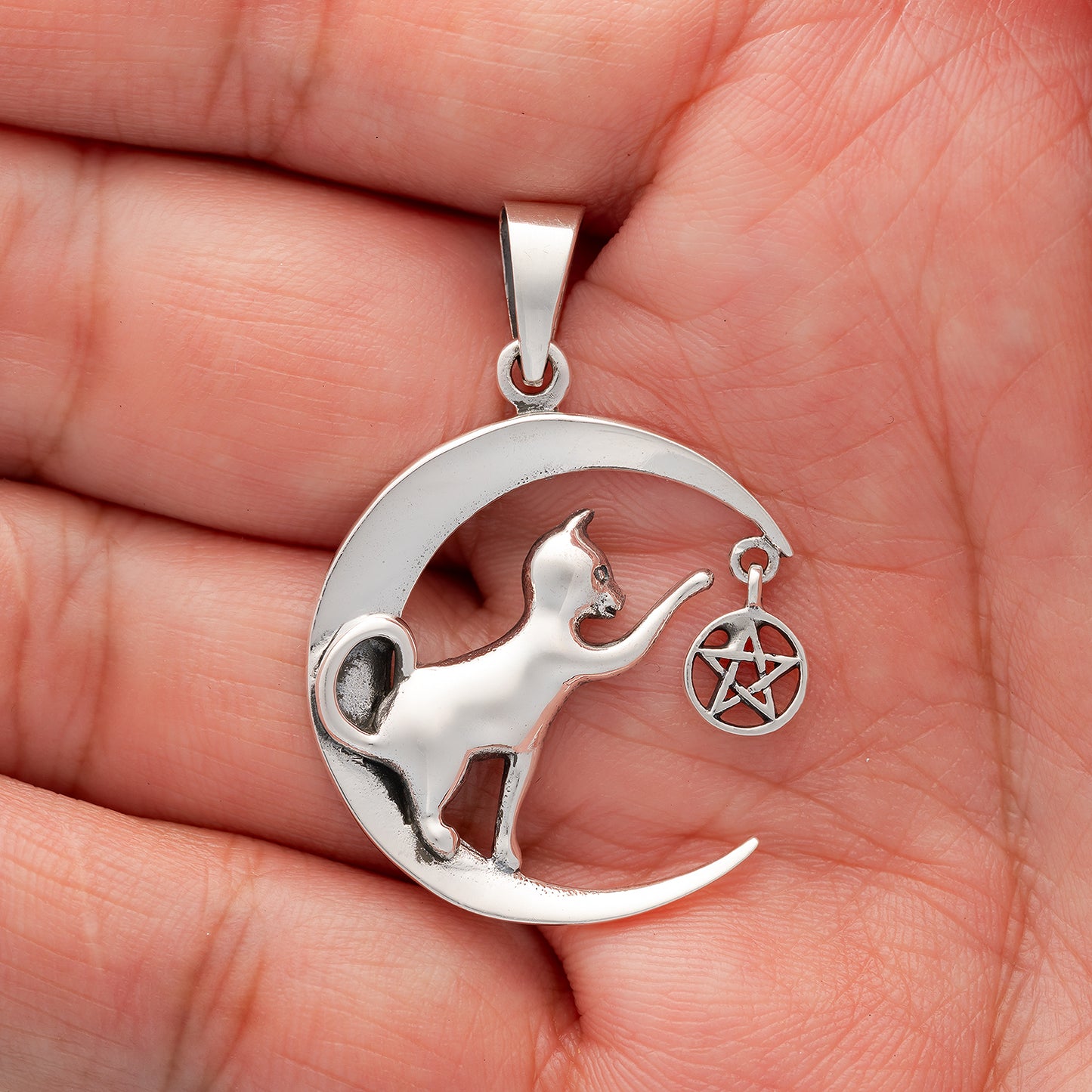 Sterling Silver Cat on Crescent Moon Pendant