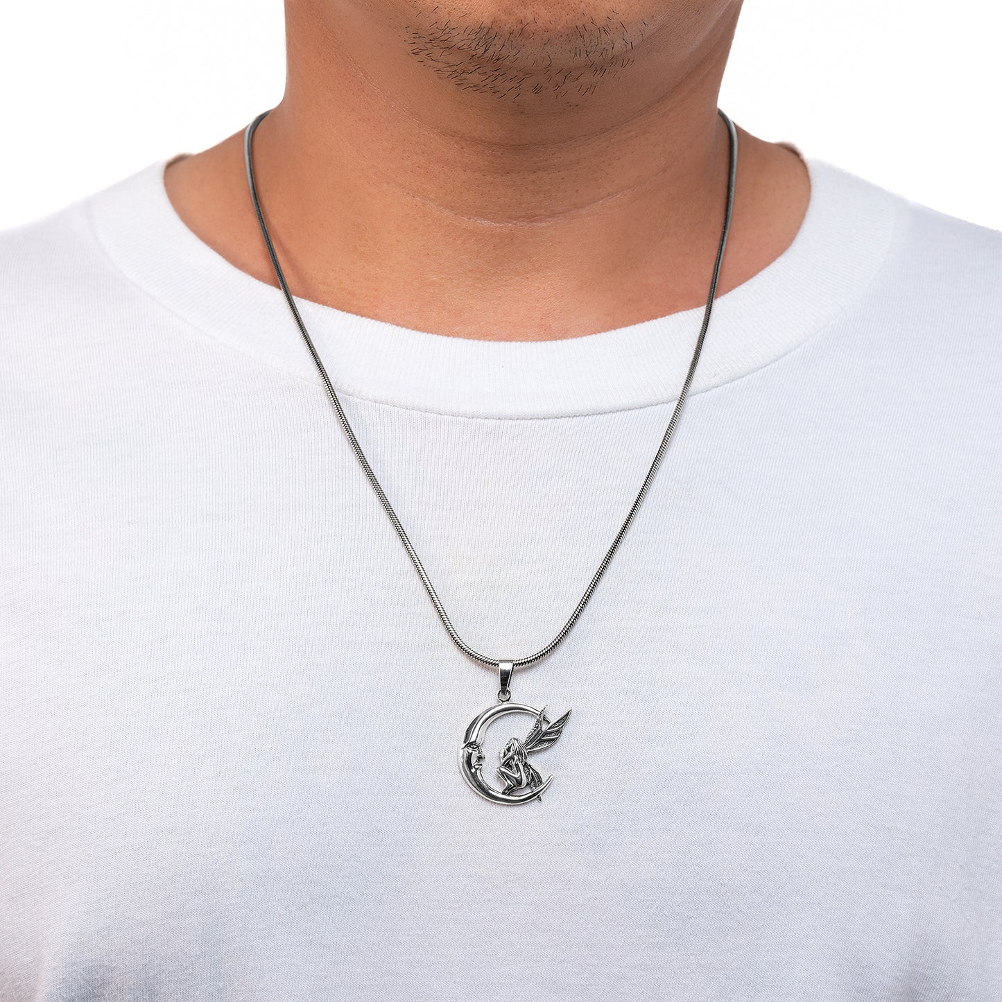 Sterling Silver Fairy Angel on Crescent Moon Pendant