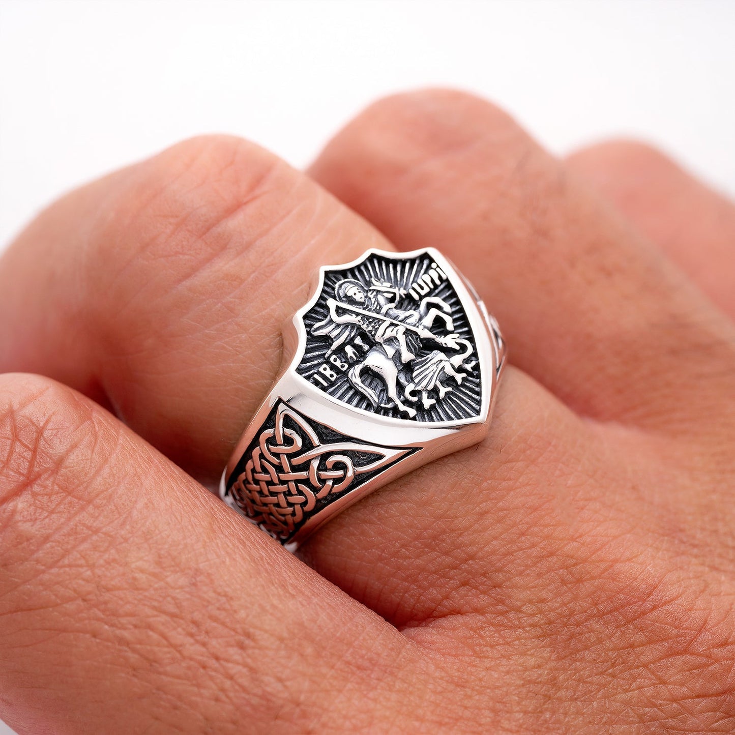 925 Sterling Silver Saint George Slaying Dragon Ring - SilverMania925