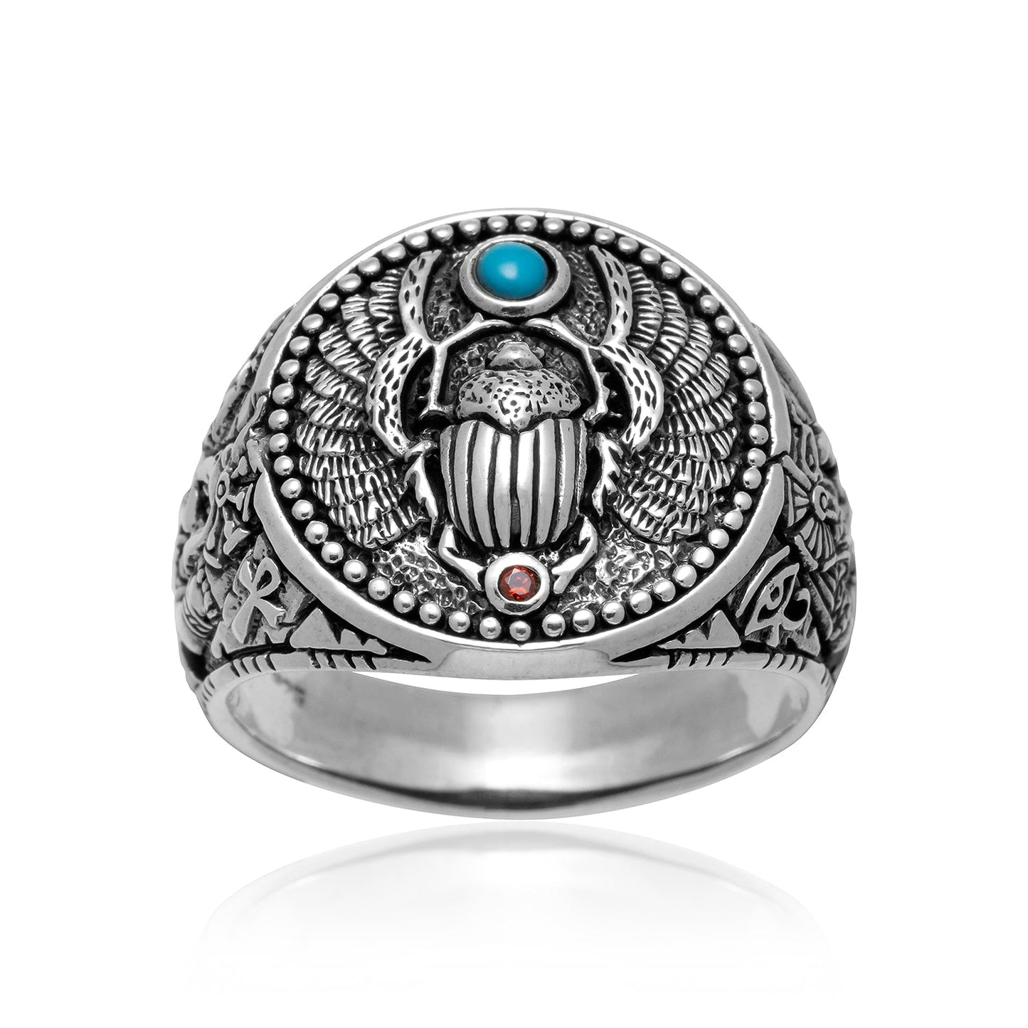 925 Sterling Silver Scarab and Anubis Ring with Turquoise - SilverMania925