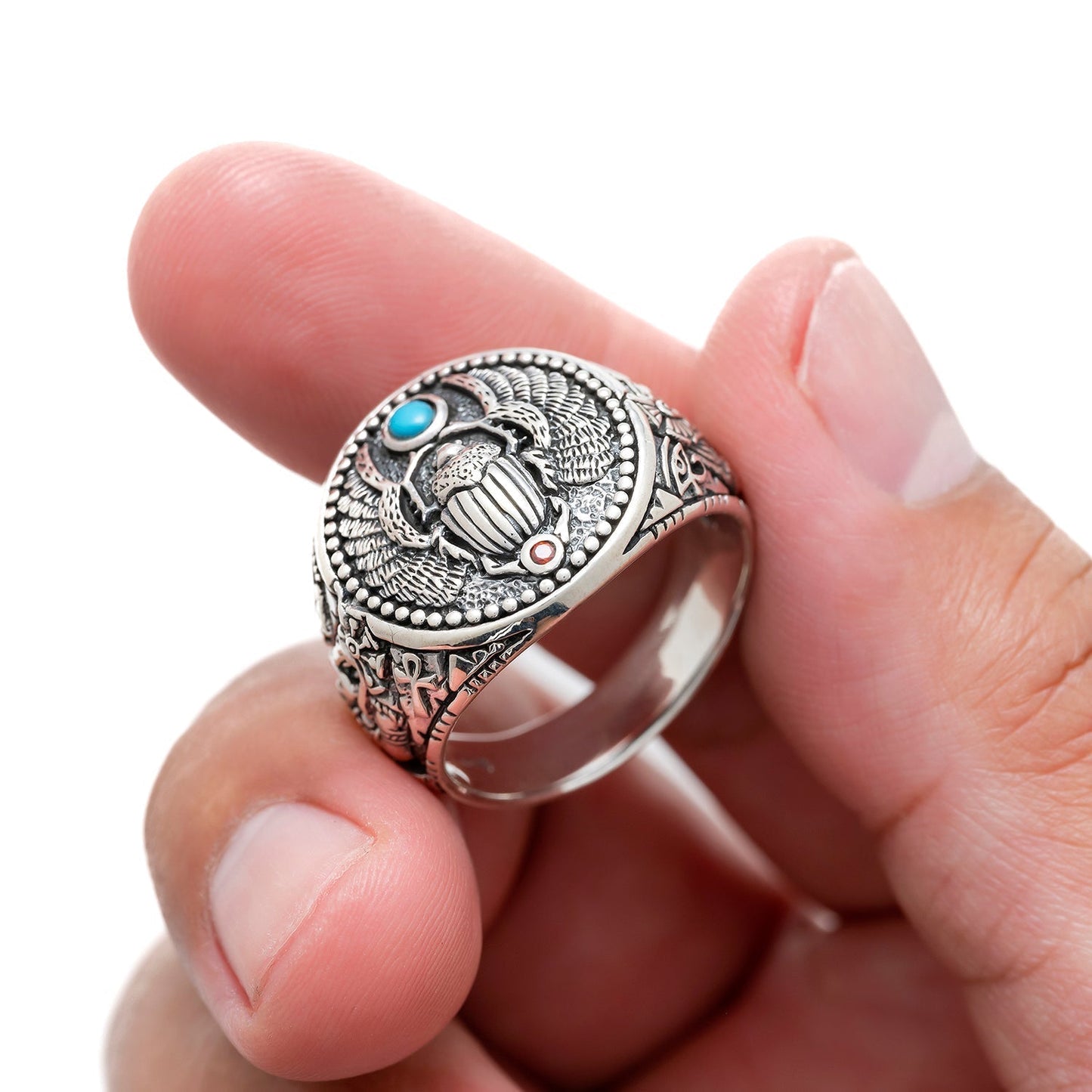 925 Sterling Silver Scarab and Anubis Ring with Turquoise - SilverMania925