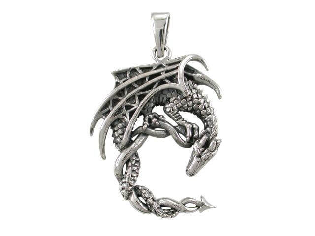 925 Sterling Silver Lunar Crescent Moon Gothic Dragon Big Pendant 8gr - SilverMania925