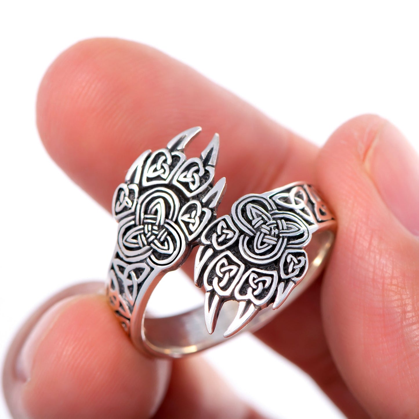 925 Sterling Silver Viking Wolf Claw Ring with Triquetra - SilverMania925