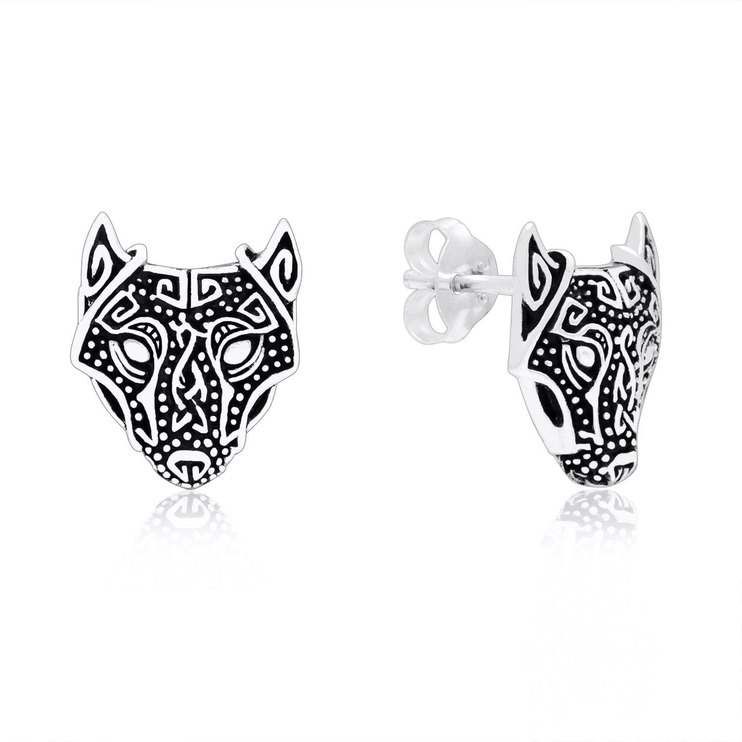 925 Sterling Silver Viking Wolf Head Stud Earrings Set - SilverMania925