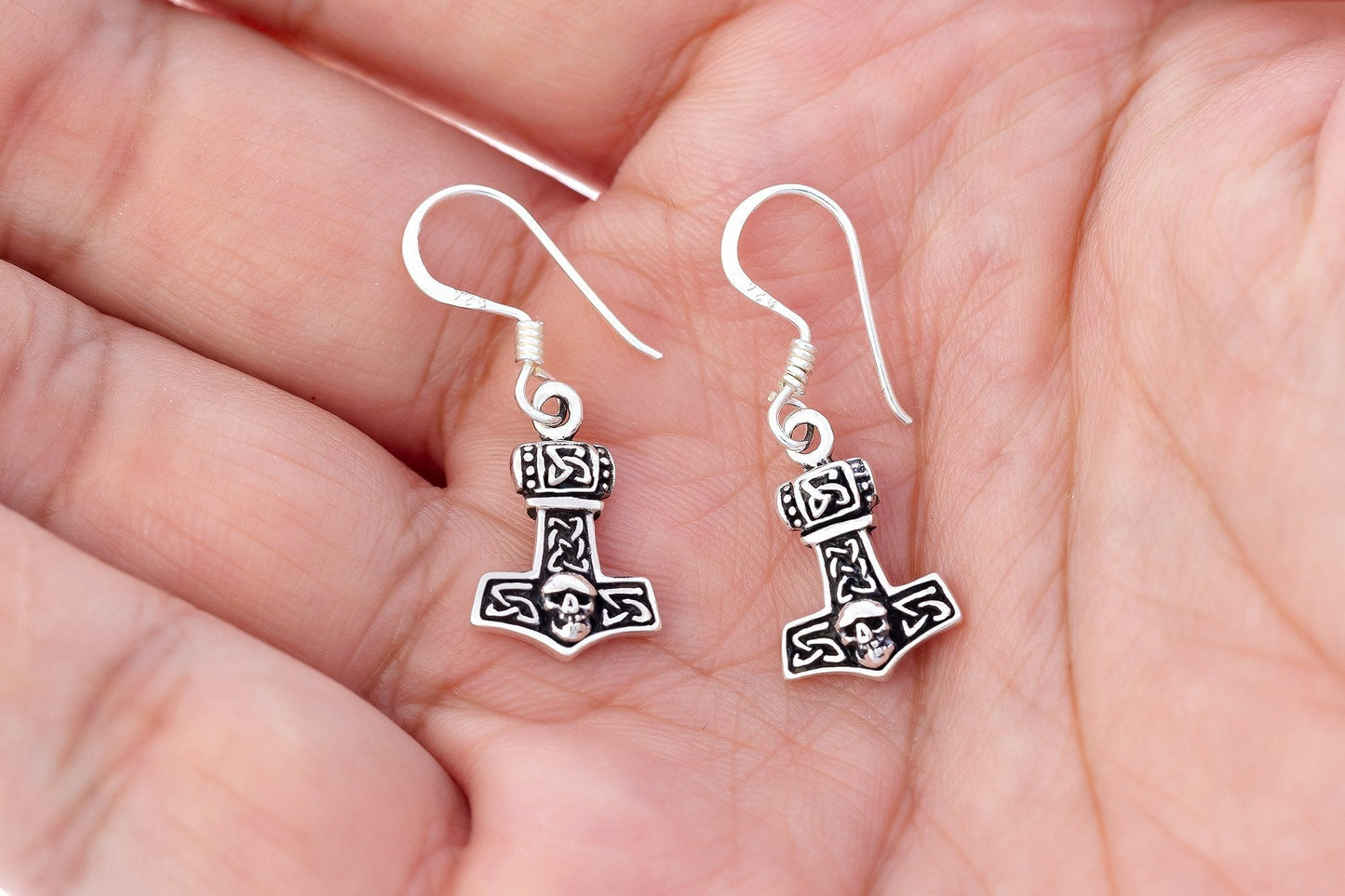 925 Sterling Silver Viking Mjolnir Earrings Set with Skull - SilverMania925