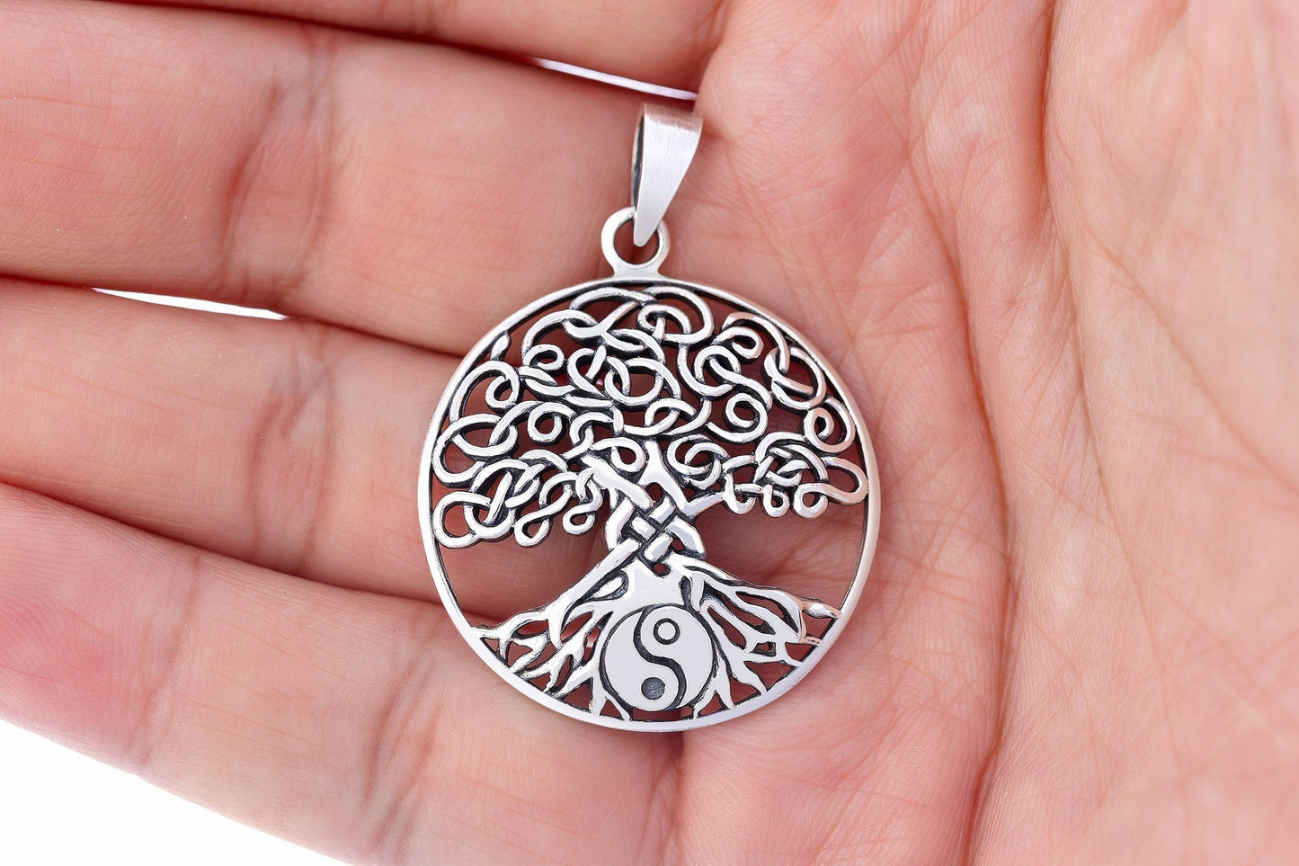 925 Sterling Silver Viking Yggdrasil Pendant with Yin Yang - SilverMania925