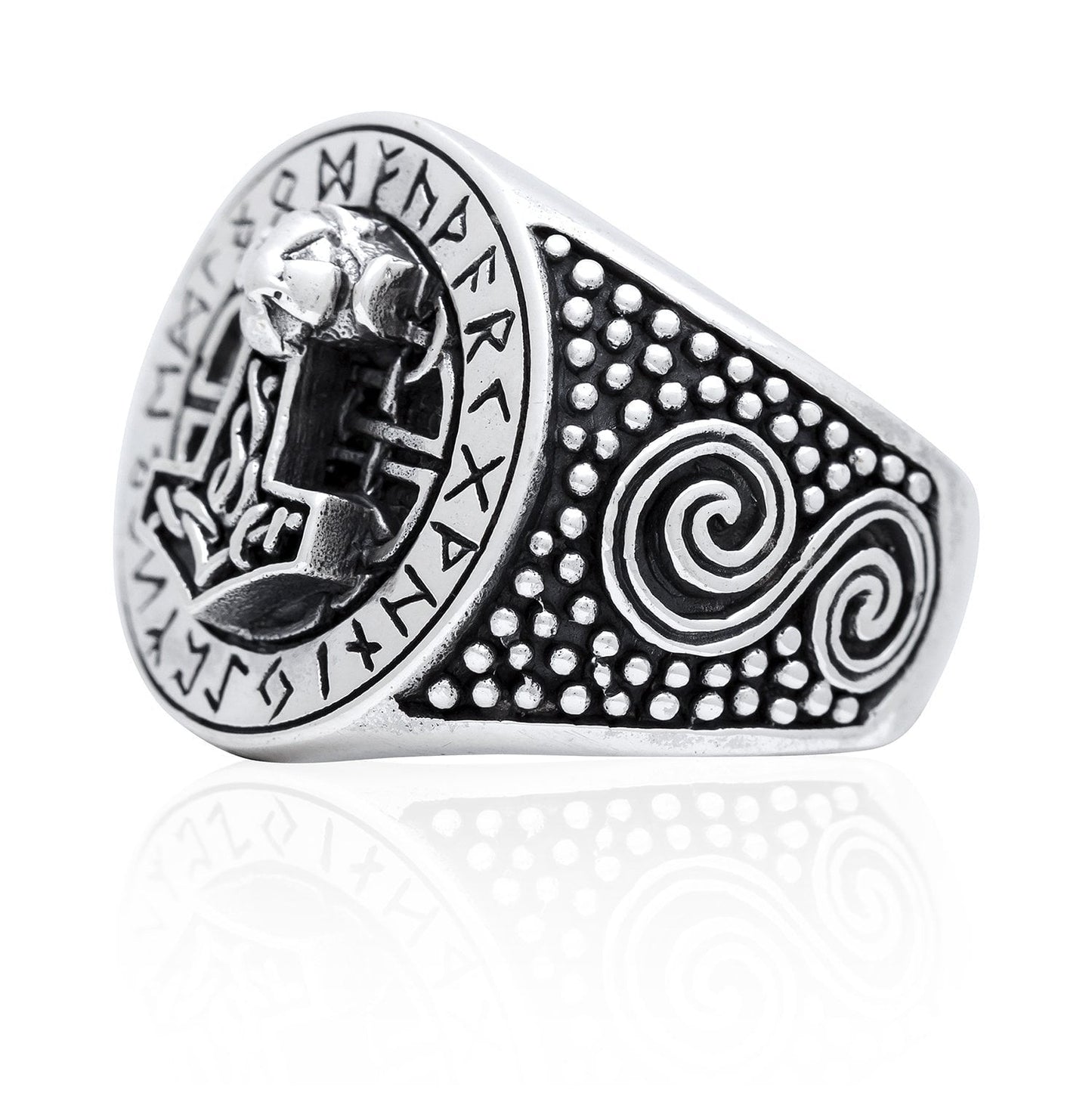 925 Sterling Silver Viking Thor Hammer Mjolnir Runes Ring - SilverMania925