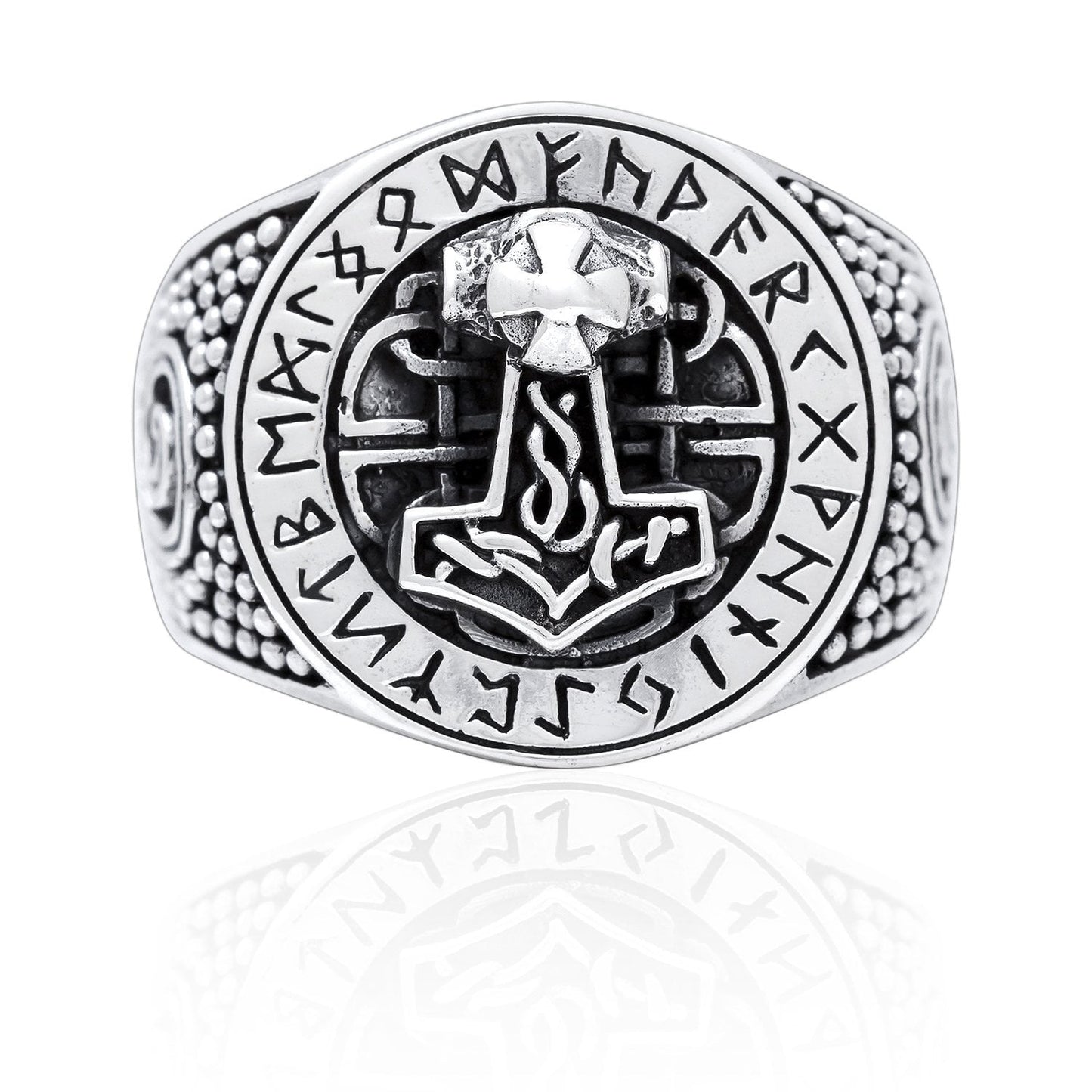 925 Sterling Silver Viking Thor Hammer Mjolnir Runes Ring - SilverMania925