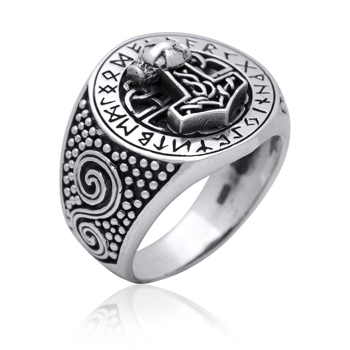 925 Sterling Silver Viking Thor Hammer Mjolnir Runes Ring - SilverMania925