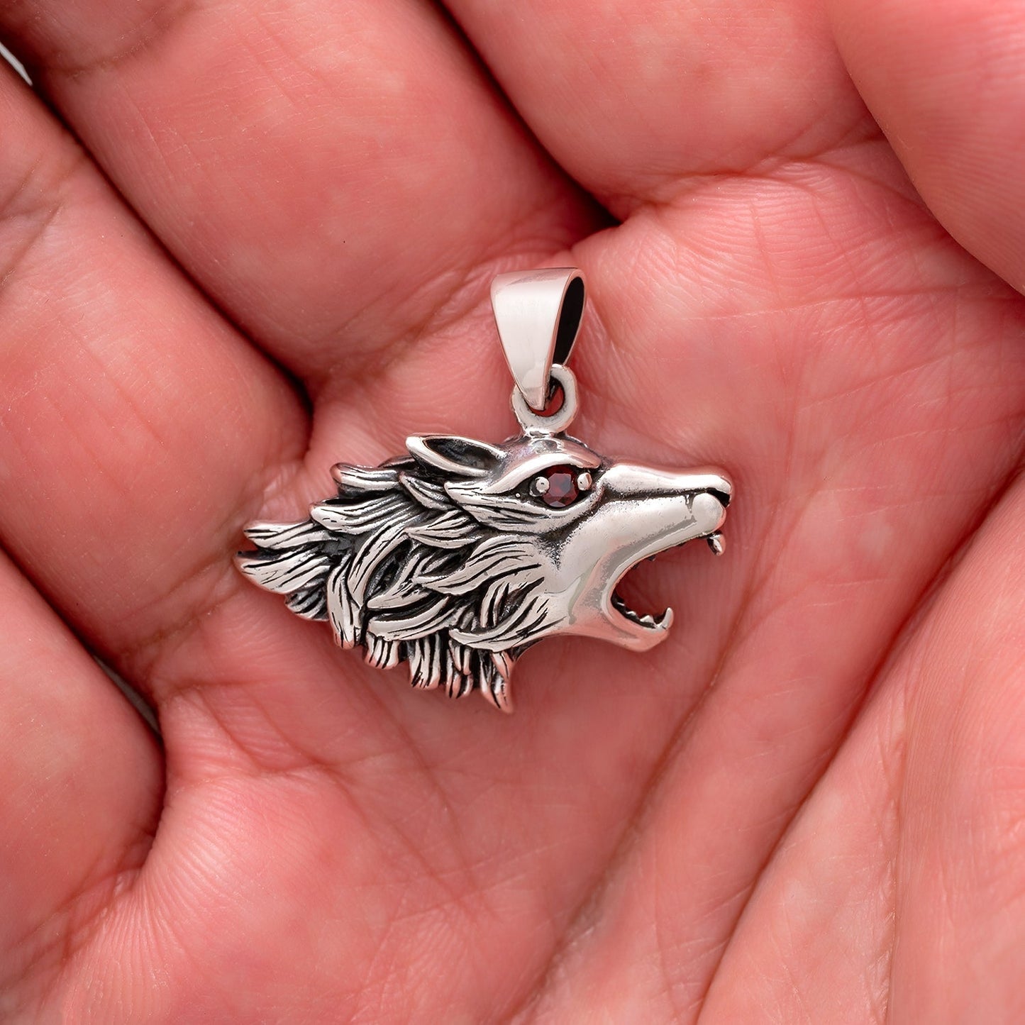 925 Sterling Silver Wolf Head Pendant with Red Cubic Zirconia Eye - SilverMania925