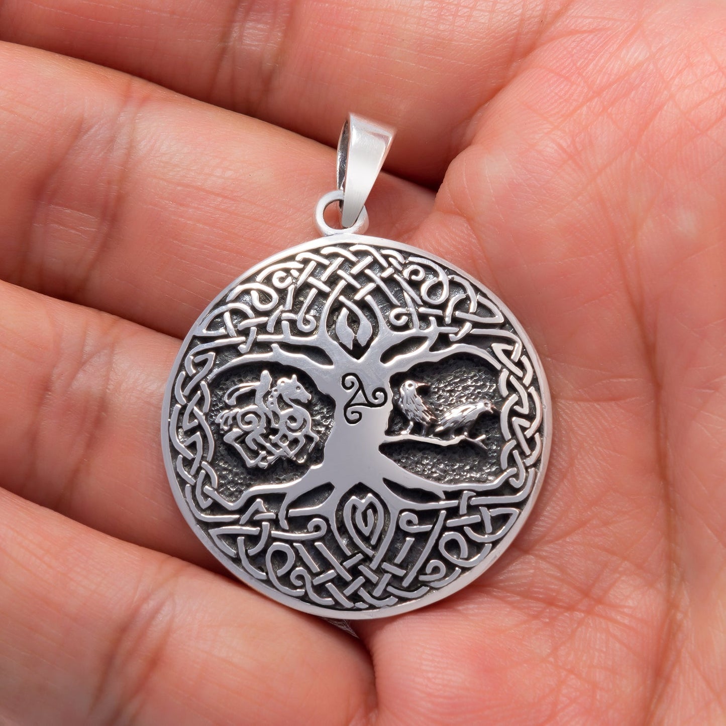 Sterling Silver Viking Tree of Life Pendant with Raven Sleipnir and Triskelion - SilverMania925