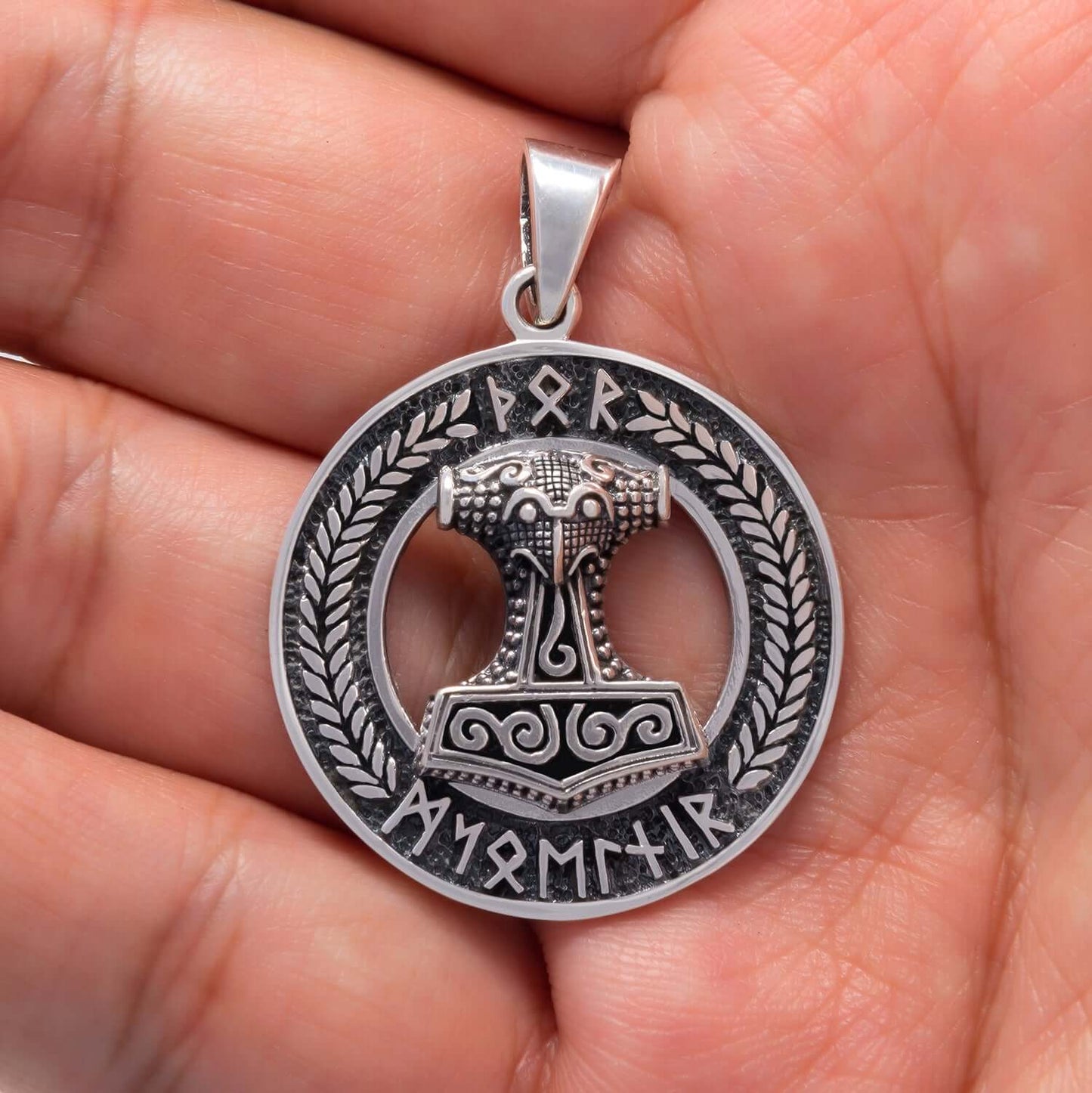 925 Sterling Silver Mjolnir Pendant with Norse Runes Script - SilverMania925