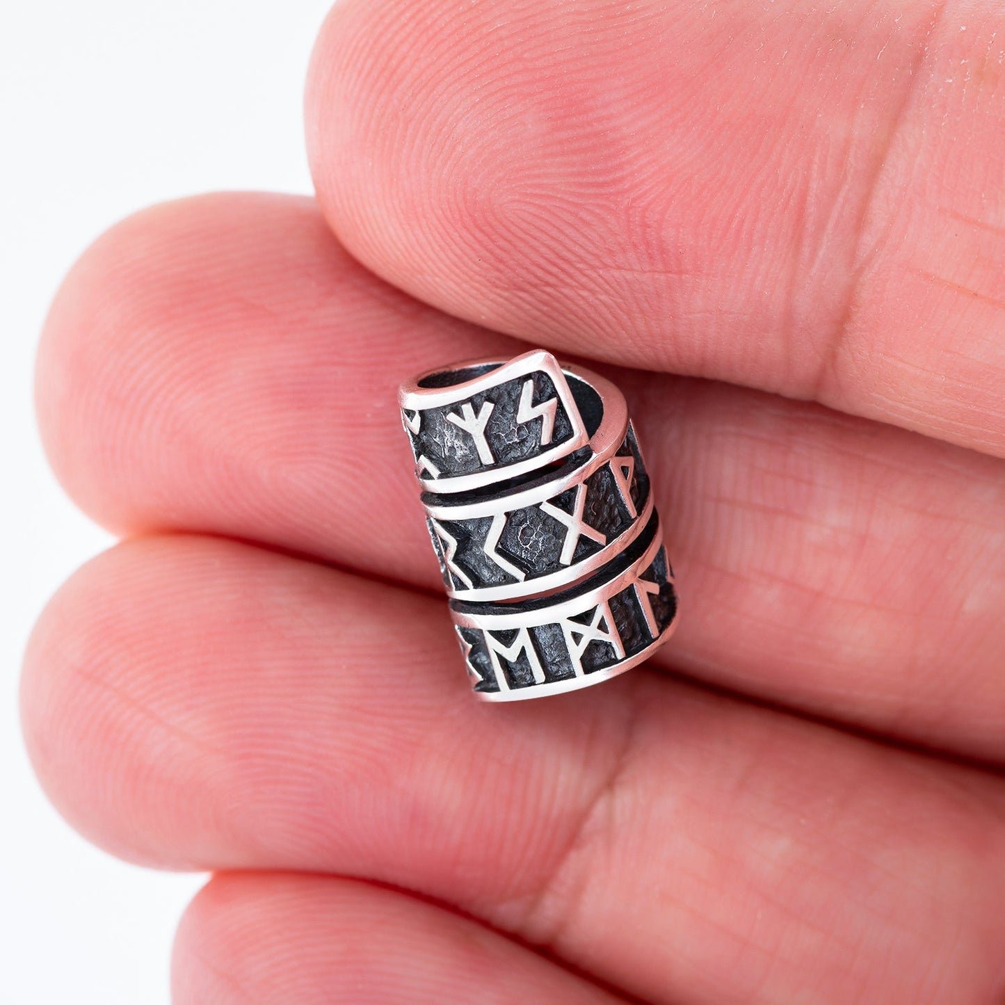 925 Sterling Silver Viking Beard Hair Bead with Runes - SilverMania925