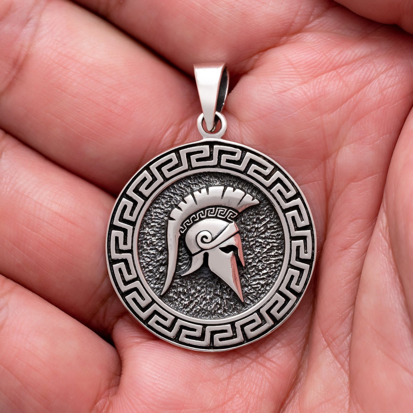 925 Sterling Silver Warrior's Spartan Helmet Pendant with Meander - SilverMania925