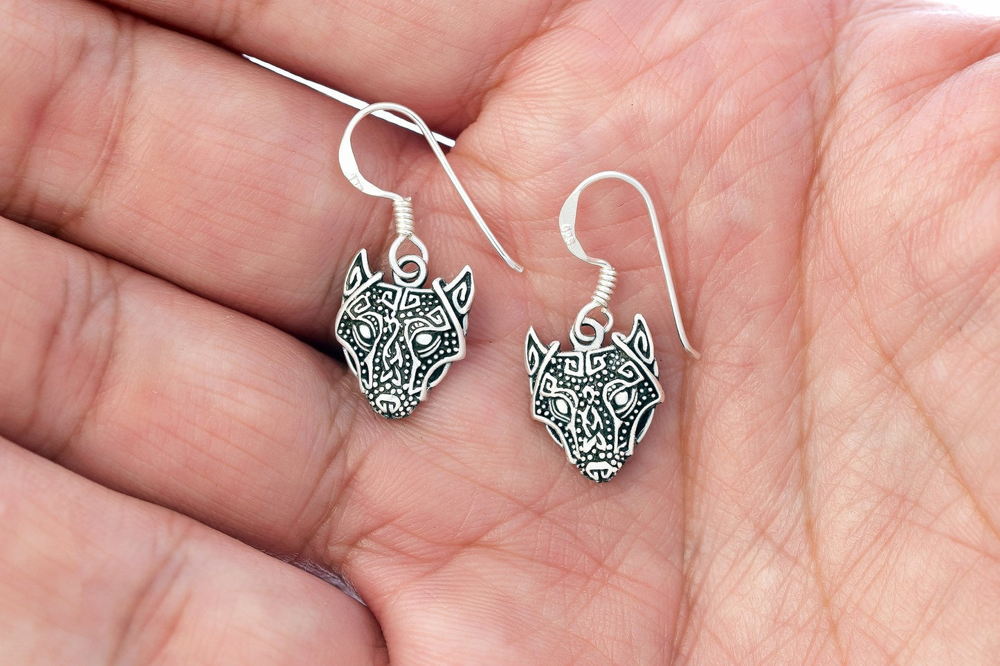 925 Sterling Silver Viking Wolf Head Dangle Earrings Set - SilverMania925