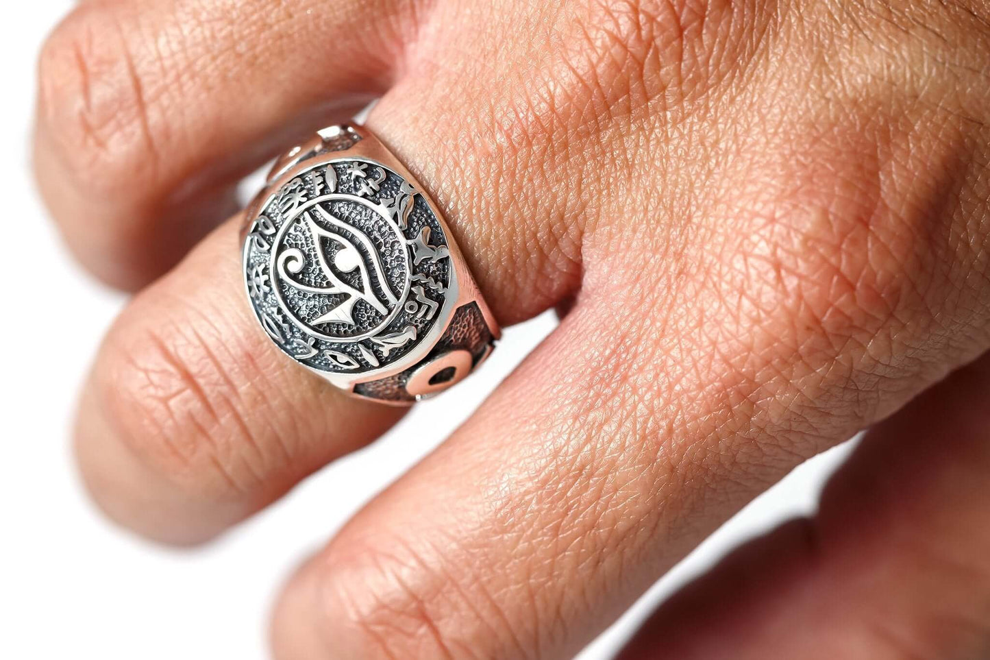 925 Sterling Silver Egypt Egyptian Hieroglyphs Eye of Horus Udjat Ankh Ring - SilverMania925