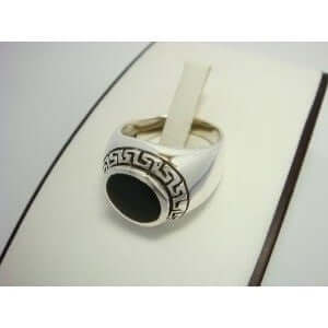 925 Sterling Silver Men's Round Onyx Greek Key Ring - SilverMania925