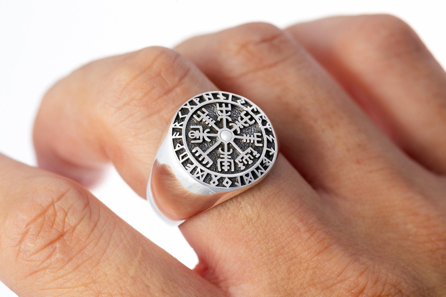 925 Sterling Silver Vegvisir Viking Compass Runes Ring - SilverMania925