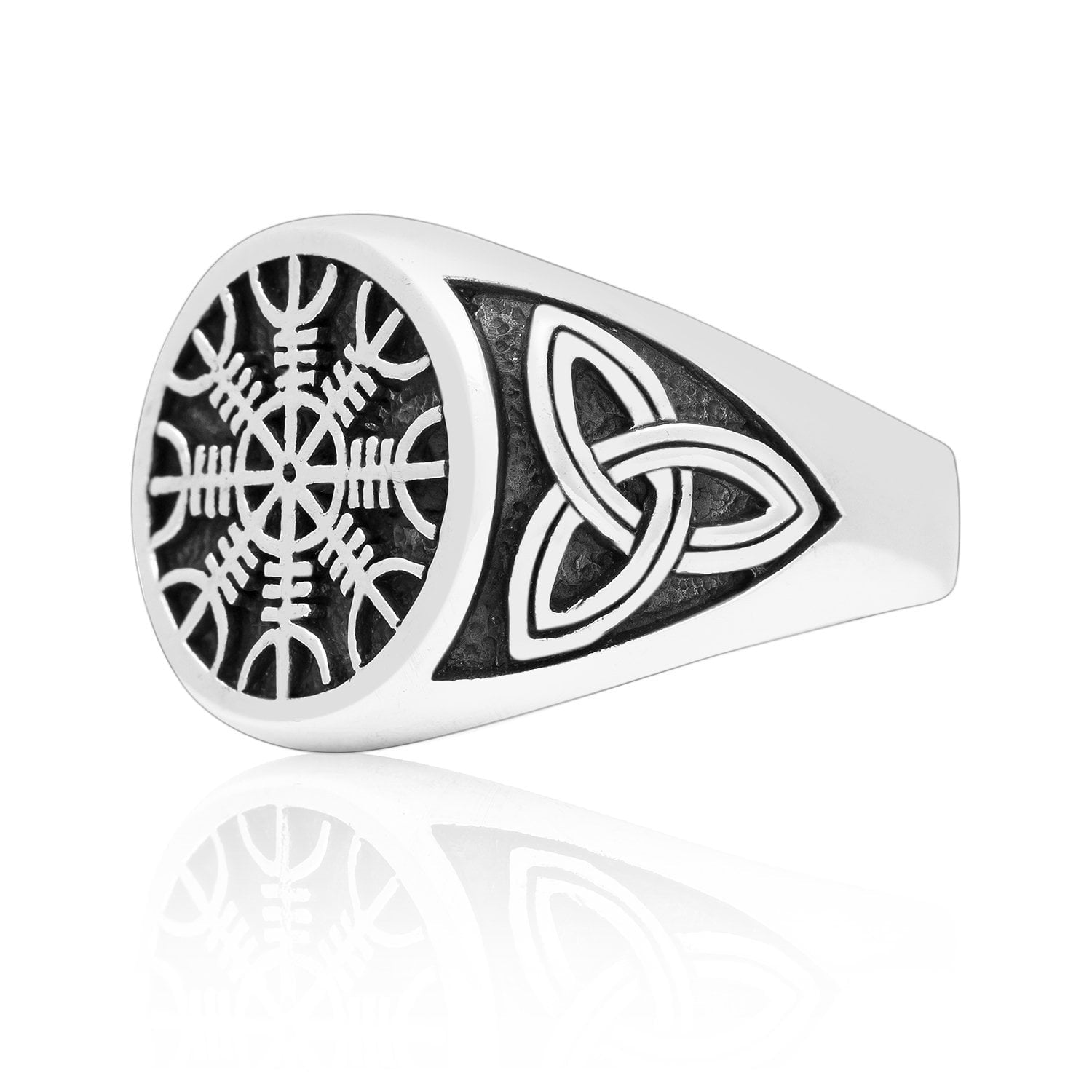 925 Sterling Silver Viking Helm Of Awe Aegishjalmur Celtic Triquetra Knot Ring - SilverMania925