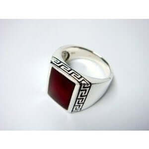 925 Sterling Silver Men's Rectangle Carnelian Greek Key Ring - SilverMania925
