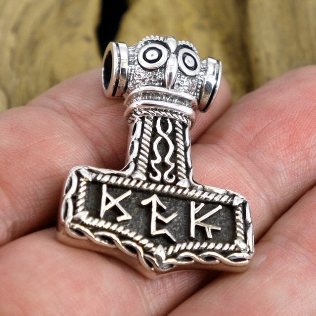925 Sterling Silver Viking Thor Hammer Mjolnir Futhark Amulet Pendant - SilverMania925