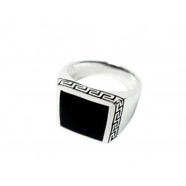 925 Sterling Silver Men's Square Onyx Greek Key Meander Ring - SilverMania925