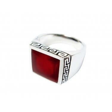 925 Sterling Silver Mens Square Inlay Carnelian Greek Key Meander Ring - SilverMania925