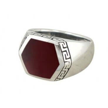 925 Sterling Silver Men's Hexagonal Carnelian Greek Key Meander Ring - SilverMania925