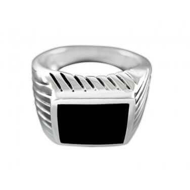 925 Sterling Silver Mens High Polish Black Onyx Striped Sides Ring - SilverMania925