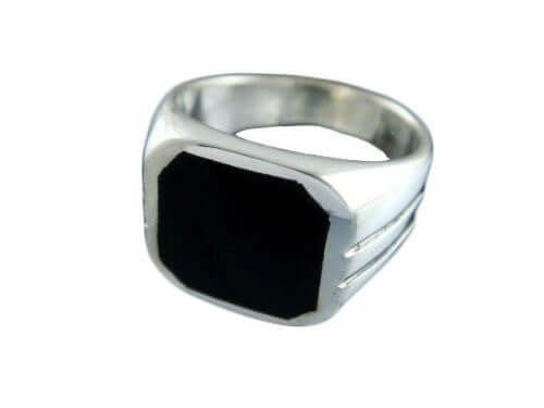 925 Sterling Silver Men's Square Black Onyx Stone Classic Band Ring, 11gr - SilverMania925