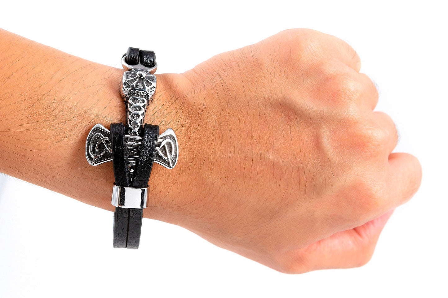 Stainless Steel Viking Mjolnir with Black Leather Bracelet - SilverMania925