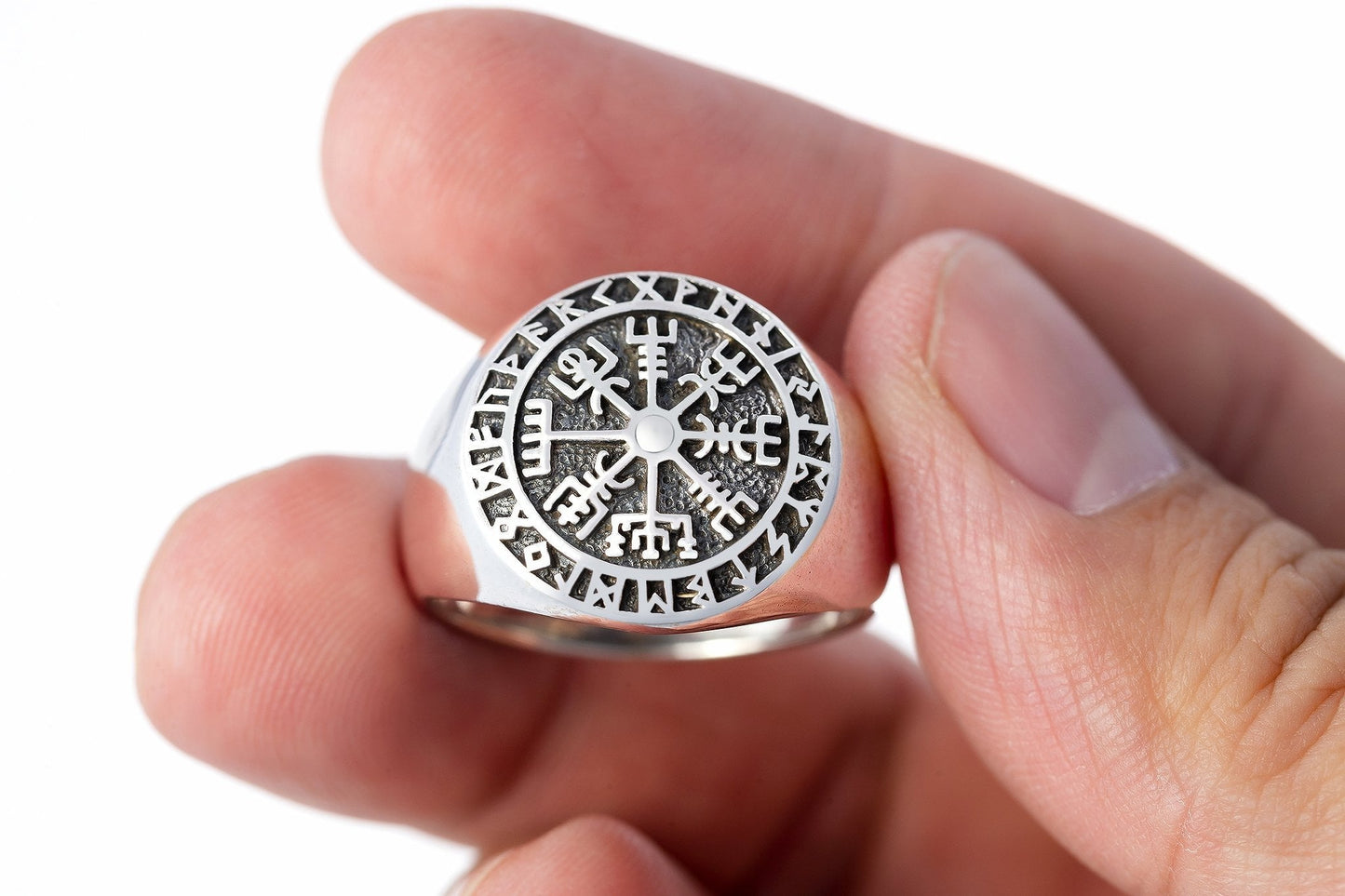925 Sterling Silver Vegvisir Viking Compass Runes Ring - SilverMania925