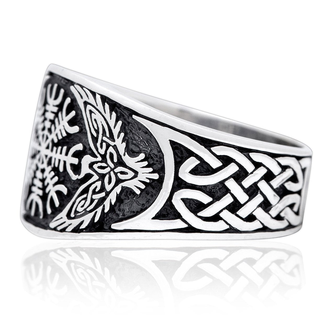 925 Sterling Silver Viking Raven Aegishjalmur Helm of Awe Celtic Knotwork Ring - SilverMania925