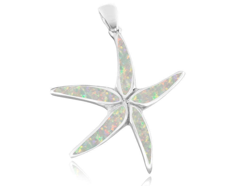 925 Sterling Silver White Fire Inlay Opal Starfish Sea Big Charm Pendant 8gr - SilverMania925