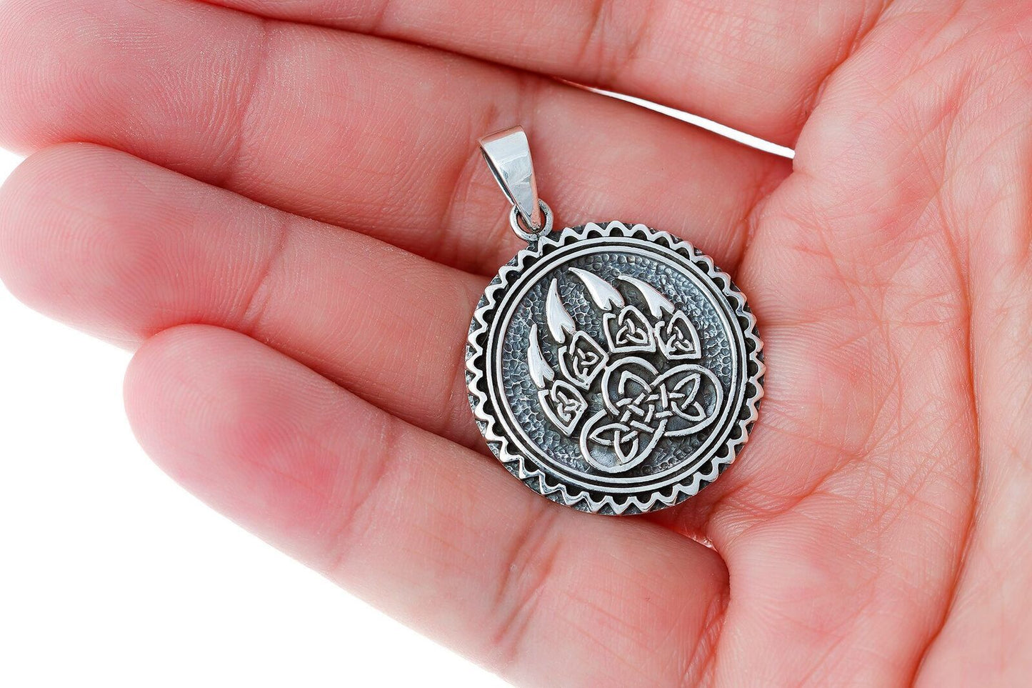 925 Sterling Silver Viking Print Bear Paw Claw Slavic Warding Veles Pendant - SilverMania925