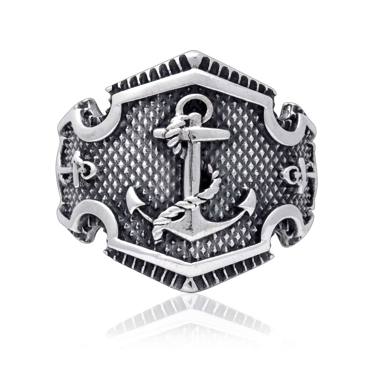 925 Sterling Silver Anchor Nautical Rope Ship Signet Ring - SilverMania925