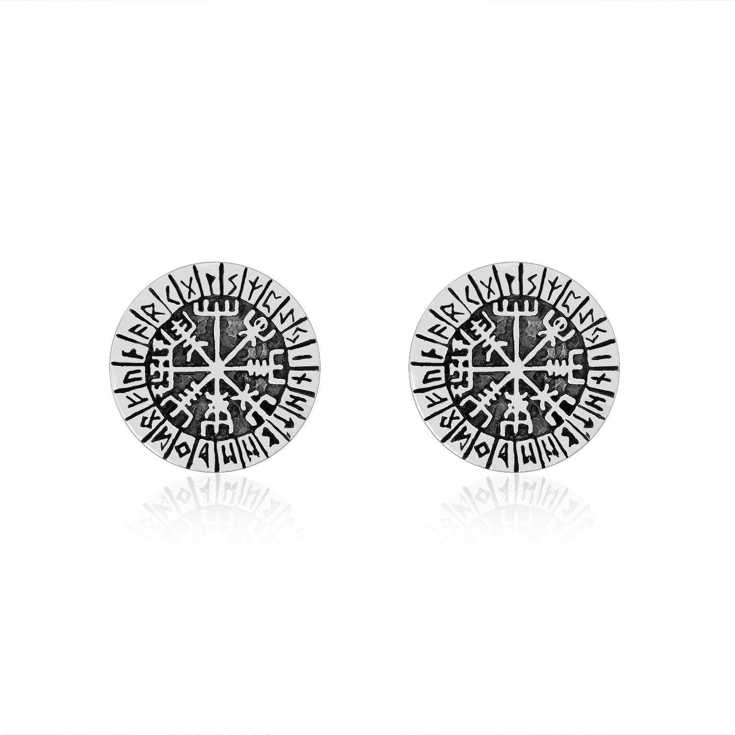 Sterling Silver Viking Vegvisir with Runes Stud Earrings Set - SilverMania925