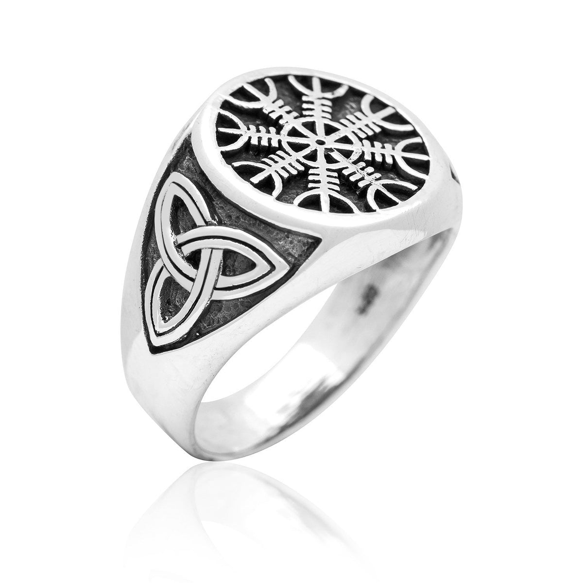 925 Sterling Silver Viking Helm Of Awe Aegishjalmur Celtic Triquetra Knot Ring - SilverMania925