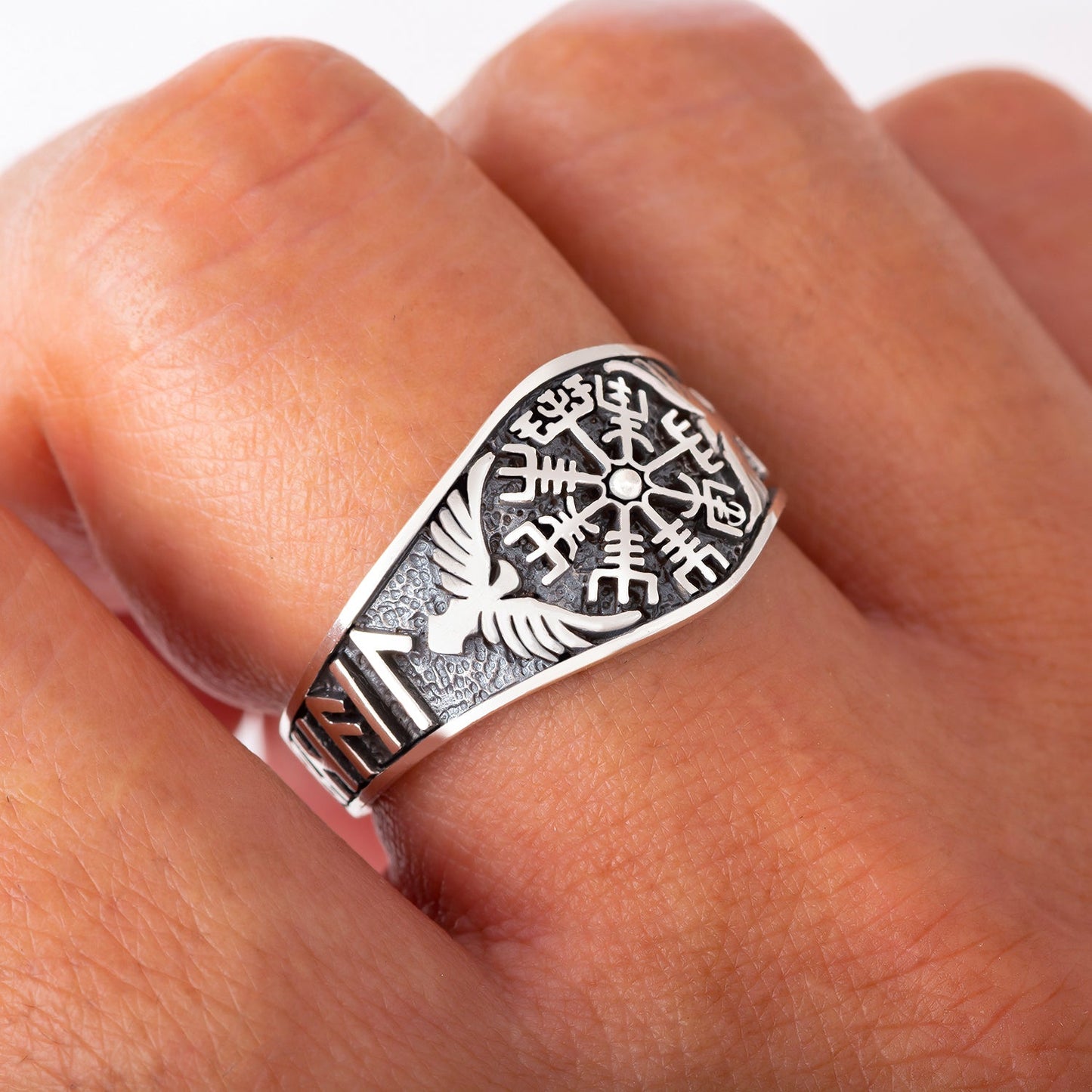 925 Sterling Silver Viking Vegvisir Ring with Raven and Runes - SilverMania925