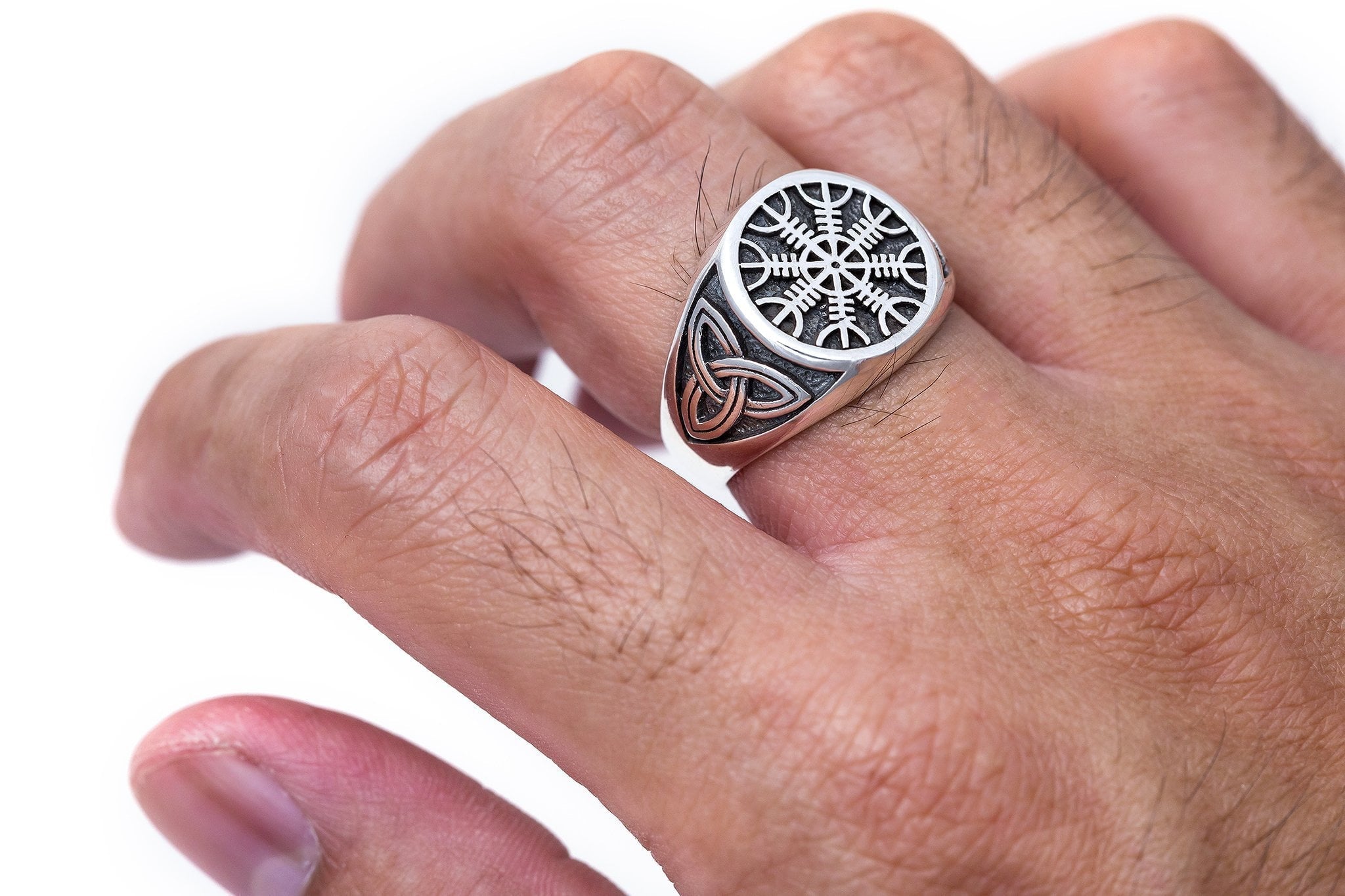 925 Sterling Silver Viking Helm Of Awe Aegishjalmur Celtic Triquetra Knot Ring - SilverMania925