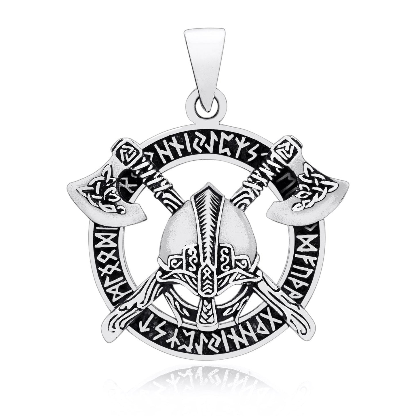 925 Sterling Silver Viking Helmet and Axes Pendant with Runes - SilverMania925