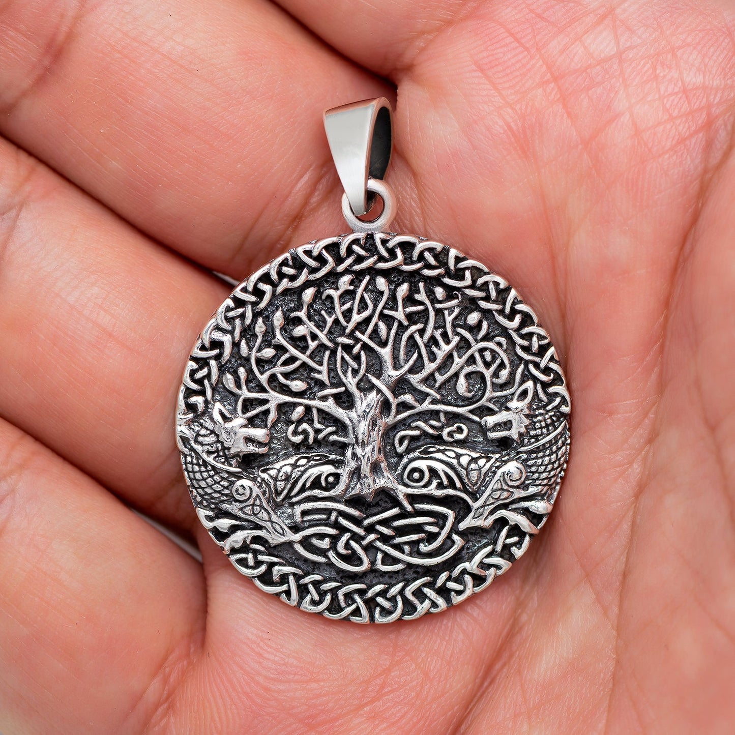 925 Sterling Silver Viking Yggdrasil Pendant with Fenrir - SilverMania925
