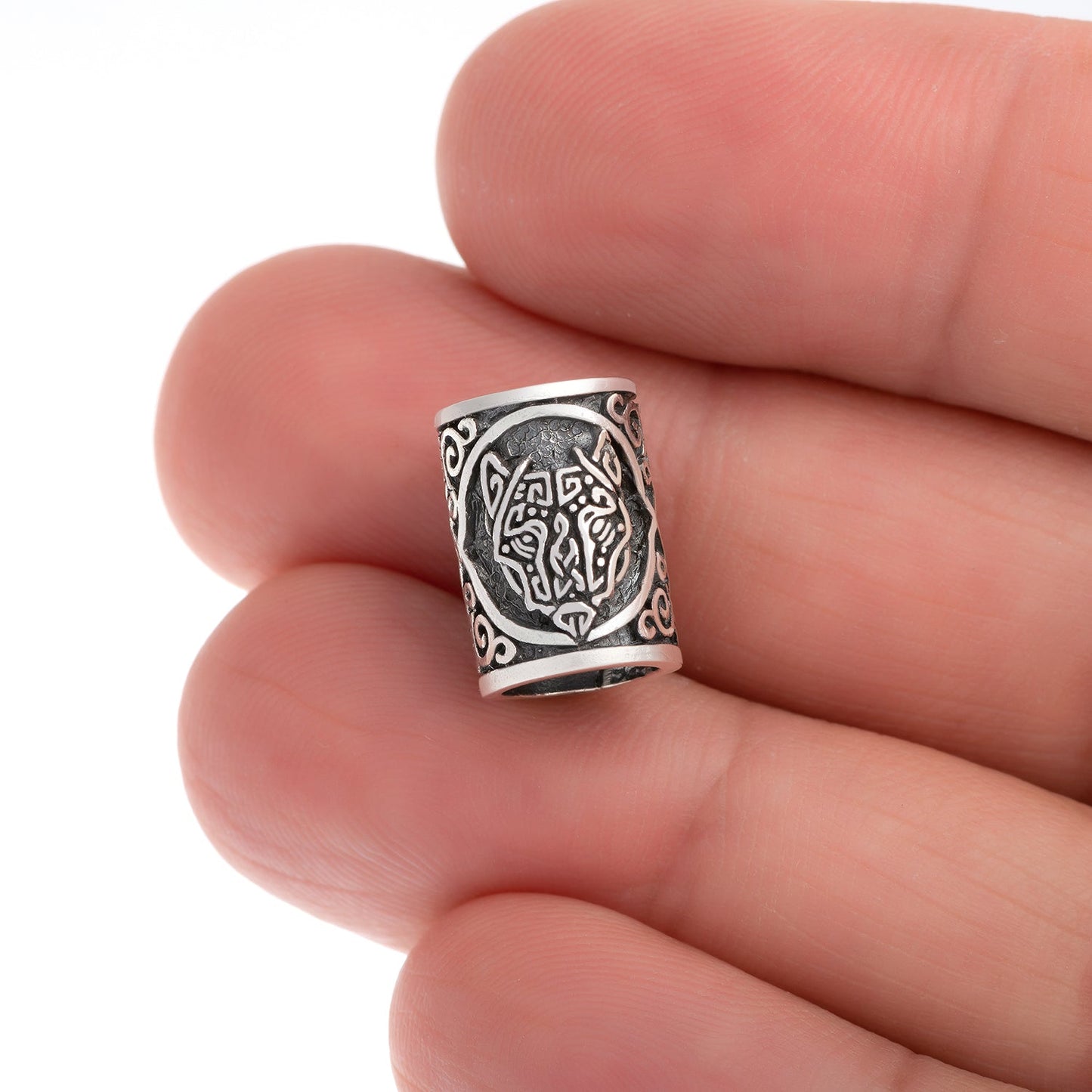 925 Sterling Silver Viking Beard Hair Bead with Fenrir Wolf - SilverMania925