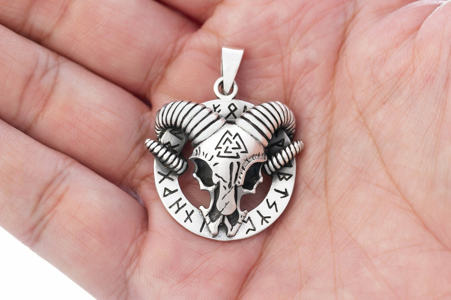 925 Sterling Silver Viking Goat Skull Amulet with Valknut and Runes - SilverMania925