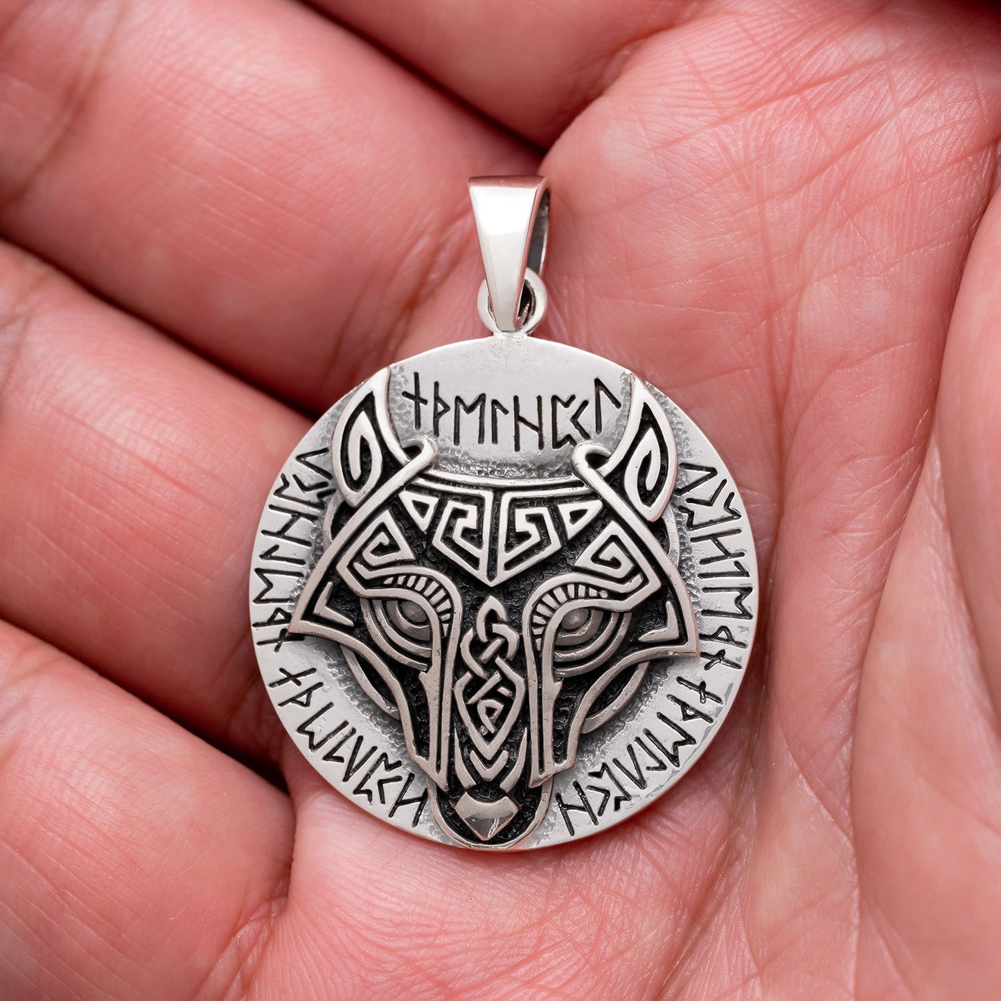 925 Sterling Silver Viking Wolf Head Pendant with Runes - SilverMania925