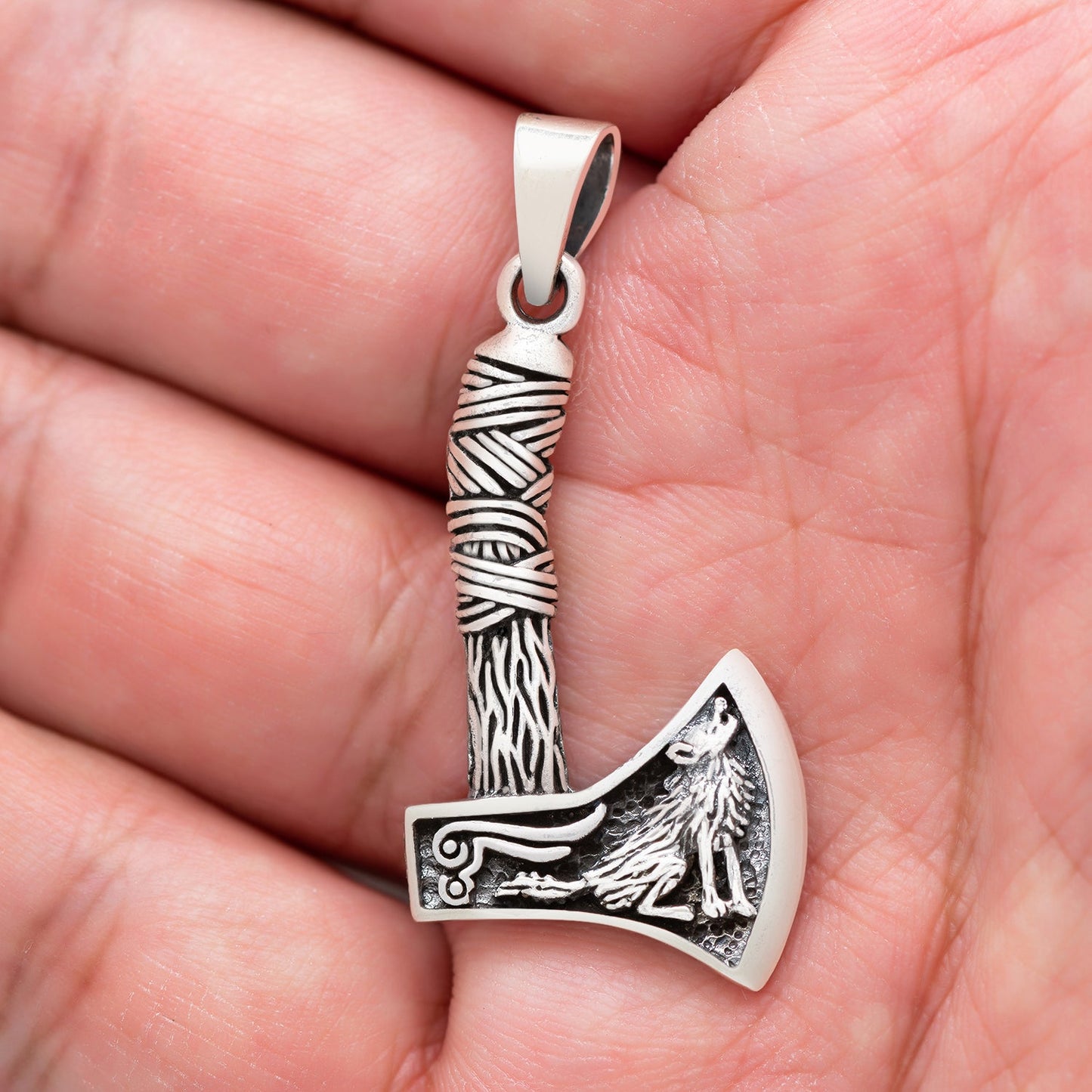 925 Sterling Silver Viking Axe with Howling Wolf Pendant - SilverMania925
