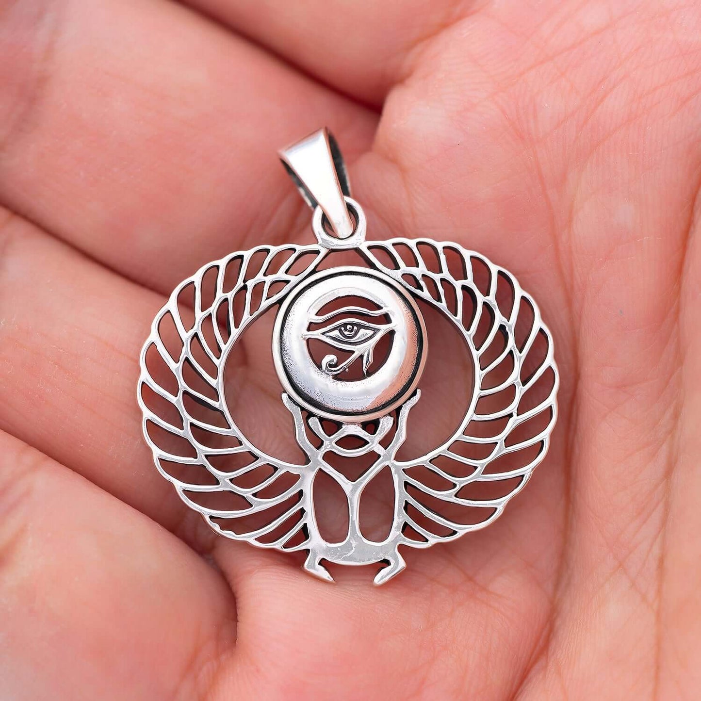 925 Sterling Silver Eye of Horus Winged Pendant with Scarab - SilverMania925